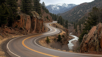 Scenic Mountain Road Curving Alongside Serene River, Autumn Landscape with Rolling Hills and Forest, Nature Travel Destination, Tranquil Countryside Road Trip