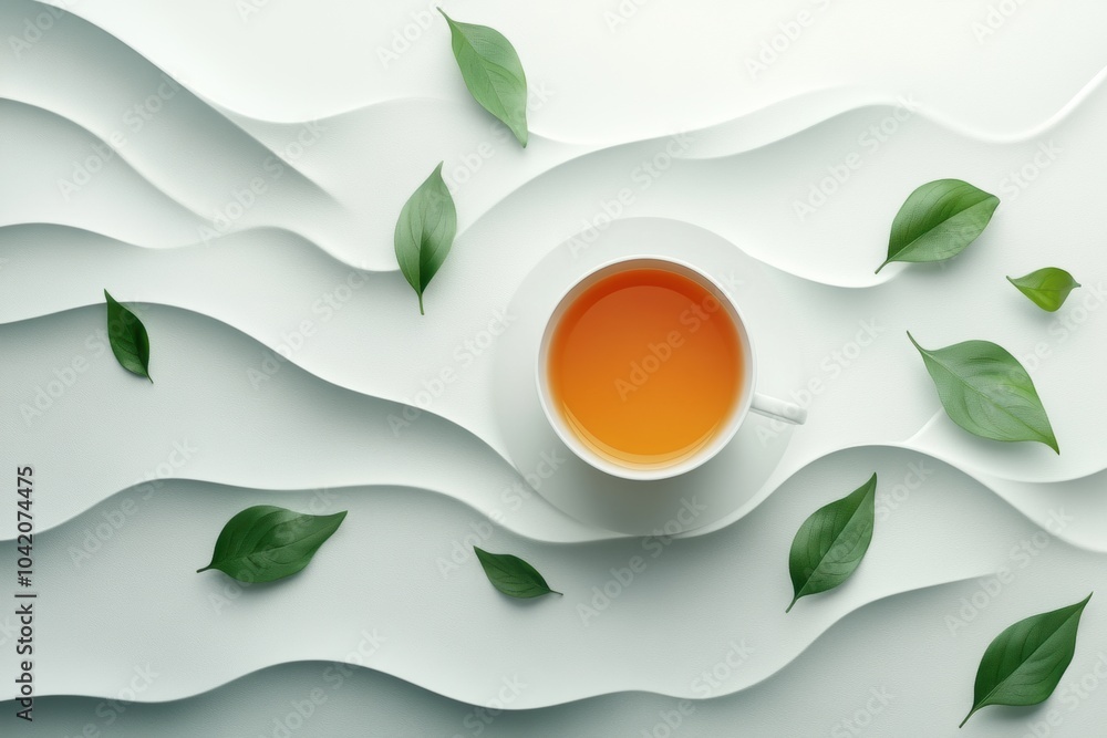 Aufkleber the tea cup sits gracefully amidst a delicate wave pattern of leaves, creating a tranquil atmosphere