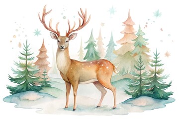 Watercolor forest deer illustration with Christmas theme