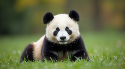 Fototapeta premium Close up of a pretty panda in the park beautiful panda bear in the grass portrait of a panda