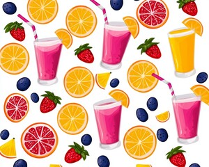 Colorful fruit drinks with strawberries, oranges, and blueberries on white background.