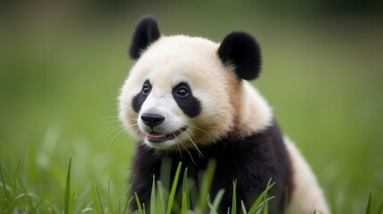 Fototapeta premium Close up of a pretty panda in the park beautiful panda bear in the grass portrait of a panda