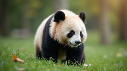 Close up of a pretty panda in the park beautiful panda bear in the grass portrait of a panda