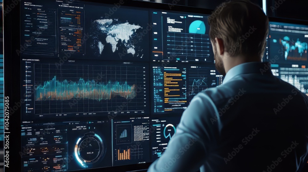 Wall mural business intelligence analyst dashboard on virtual screen. big data graphs charts. big data. ultra r