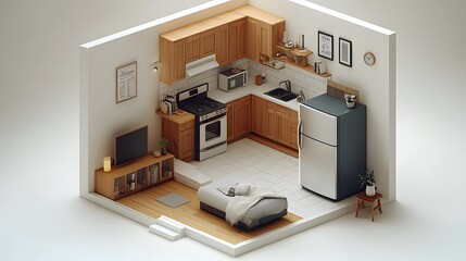 Fototapeta premium Compact loft house in 3D isometric render, highlighting modern architecture and open-concept interiors, clean white background
