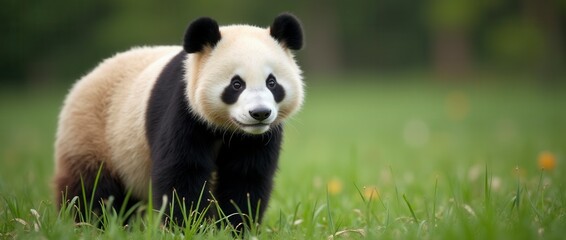 Fototapeta premium Close up of a pretty panda in the park beautiful panda bear in the grass portrait of a panda