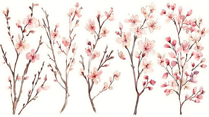 Delicate branches with small soft pink blossoms create serene and beautiful composition, perfect for spring themes and floral designs