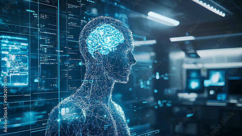 Poster futuristic human body with glowing neural network, symbolizing advanced technology and artificial in