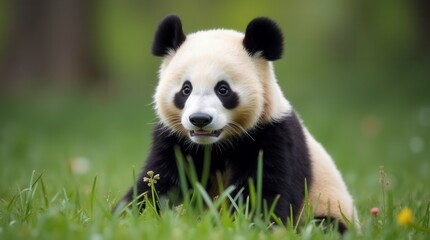 Fototapeta premium Close up of a pretty panda in the park beautiful panda bear in the grass portrait of a panda