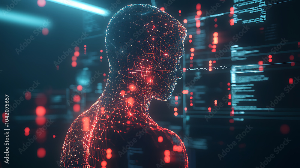 Poster glowing human figure intertwined with virtual elements, representing technology and data. image evok