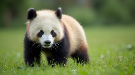 Fototapeta premium Close up of a pretty panda in the park beautiful panda bear in the grass portrait of a panda