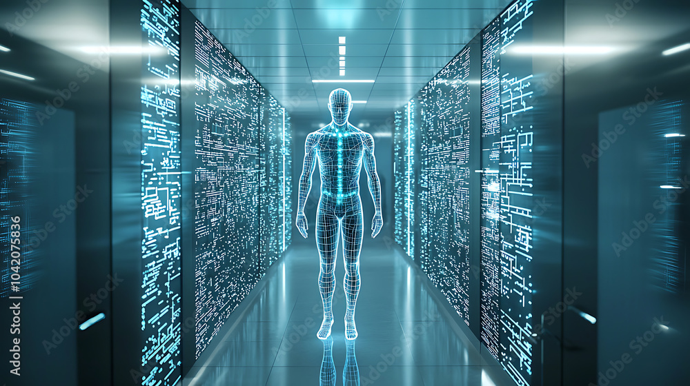 Aufkleber digital representation of human body made of radiant grids stands in futuristic corridor filled with