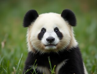 Obraz premium Close up of a pretty panda in the park beautiful panda bear in the grass portrait of a panda