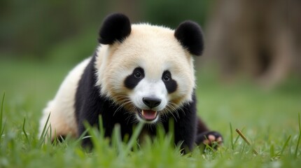 Close up of a pretty panda in the park beautiful panda bear in the grass portrait of a panda