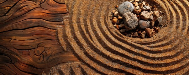 Naklejka premium Minimalistic zen garden with concentric sand patterns, a small rock in the center, and peaceful atmosphere. Free copy space for text.