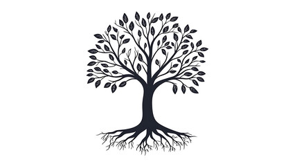 simple black tree design with intricate branches and leaves, symbolizing growth and nature. This vector art showcases harmonious balance between roots and foliage, evoking sense of tranquility and