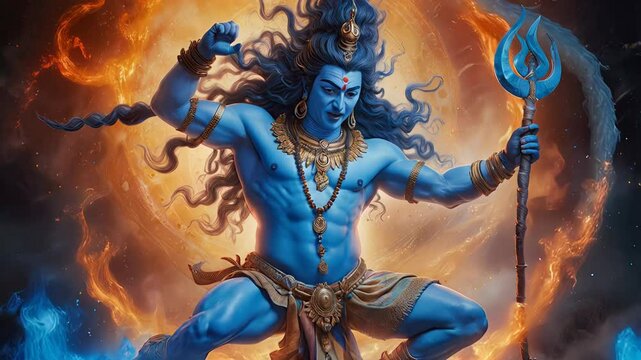 The hindu god Shiva is dancing gracefully while holding his trishula weapon. He is surrounded by a cosmic background with blue and orange flames