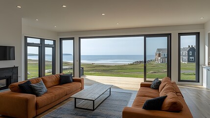 Fototapeta premium Modern seaside villa living room, large glass door opening to a wooden terrace, spacious brown sofa, and TV on white wall
