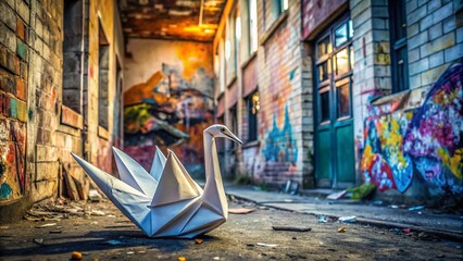 Obraz premium Urban Exploration Photography Featuring an Intricate Origami Swan Amidst Abandoned Structures and Graffiti Backdrops