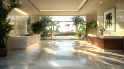 Fototapeta premium 3D rendering of a modern office hall with sleek glass walls, polished floors, and bright lighting in a professional business setting
