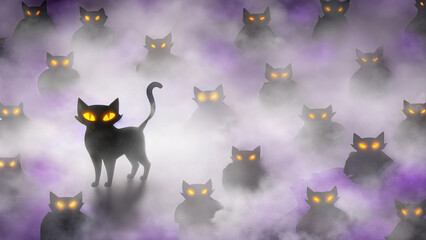Halloween background with glowing-eyed black cats in fog for spooky and festive decoration
