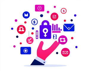 Fototapeta premium Illustration of a hand holding security icons representing data protection and digital communication.