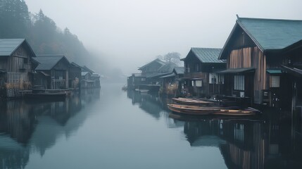 Obraz premium A serene fishing village in Japan with traditional wooden boats