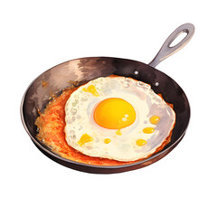 Fried Egg in Frying Pan Watercolor Art on transparent background, Realistic Watercolor Fried Egg Illustration, Cooking Fried Egg in Pan Watercolor Design PNG.