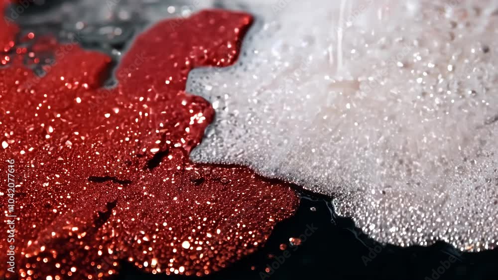 Poster Dynamic drops of red and white glitter in black oil or ink diffusing through liquid, creating an abstract aquatic swirls