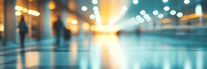 Fototapeta premium Busy airport terminal with blurred travelers, bright lights, and modern architecture, creating a sense of motion and activity