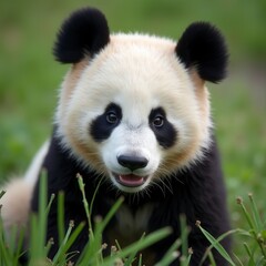 Fototapeta premium Close up of a pretty panda in the park beautiful panda bear in the grass portrait of a panda