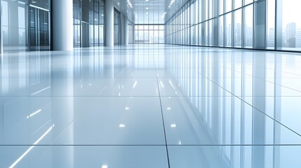 Corporate office lobby with polished floors, large windows, and sleek design, 3D rendered in a modern business setting