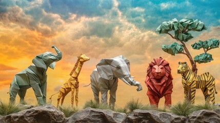 Serene Nature Scene with Origami Animals