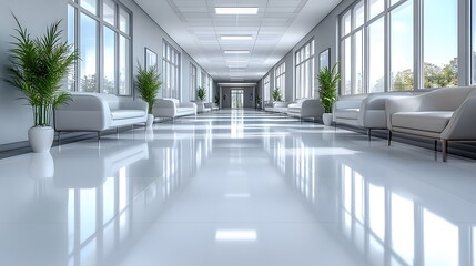 Corporate office lobby with polished floors, large windows, and sleek design, 3D rendered in a modern business setting