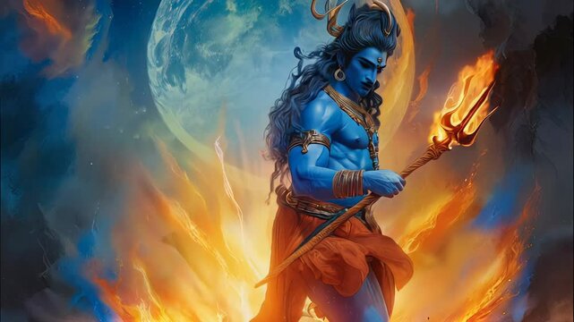Shiva, the powerful hindu god, stands proudly with his trishula weapon, controlling fire skillfully. Exuding spirituality and tradition, the vibrant colors add divine energy in fire