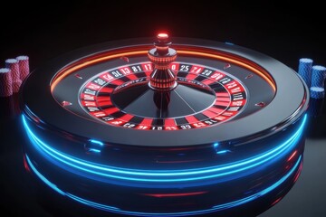 The roulette table gleams with neon numbers while players eagerly await the outcome of their bets in a bustling casino atmosphere. Generative AI