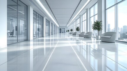 Fototapeta premium 3D rendering of a modern business hall with glass partitions, polished floors, and professional decor
