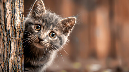 Obraz premium Grey kitten peeks out from behind a tree with a happy expression on her face, her eyes wide and surprised. Cute animal on blurred background.