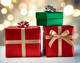 cajas de regalo de navidad de color rojas y verde con lazos y ambiente de fiesta navideña