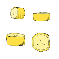 Graphic sliced banana fruit. Ripe unpeeled circular slices. Isolated vector golden and irresistibly delicious circles of natural sweet and healthy snack, dessert of tropical plant
