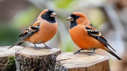Fototapeta premium Two vibrant finches perch side by side on tree stumps, showcasing their striking orange and black plumage in a natural setting.