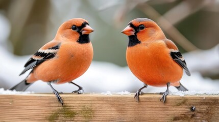 Fototapeta premium Two vibrant orange birds perch closely on a wooden railing, showcasing their striking features against a snowy backdrop.