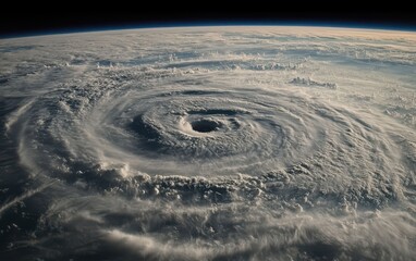 A striking satellite view of a hurricane storm system churning over the ocean, highlighting the intricate details of cloud formations and the storm's trajectory toward land 