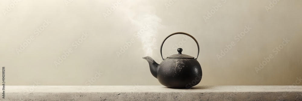 Fototapete A kettle emits thin lines of steam while resting on a light surface, enhancing the calm and inviting ambiance of the space. Generative AI