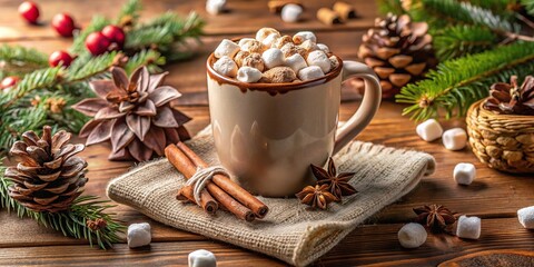 Cozy winter hot chocolate mug with marshmallows and festive decorations, wide angle