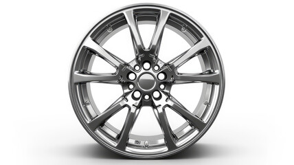 Obraz premium A shiny, modern alloy wheel isolated on white background, showcasing a sleek design, ideal for enhancing vehicle aesthetics and performance.