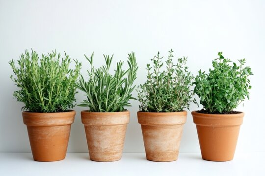 Fresh aromatic herbs in terracotta pots on white background