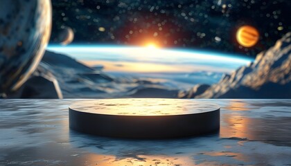 cosmic backdrop with black podium for product or perfume presentation