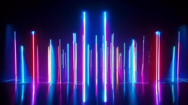 dazzling glow neon vertical lines bright lamps flash mesmerizing laser show creating vibrant stage background that enhances visual impact 3D rendering seamless loop 4K resolution glowing
