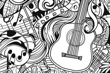 Fototapeta premium Music, coloring page for kids, line art, black and white.
